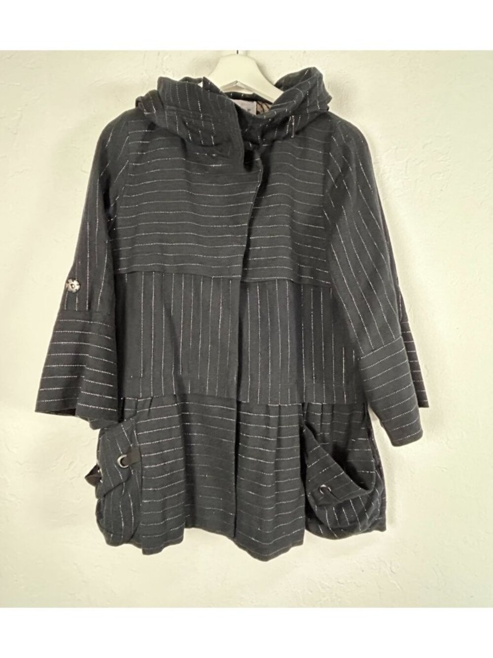 Lulu Via for Anthropologie Womens Black Striped Hooded Jacket Large Linen Blend